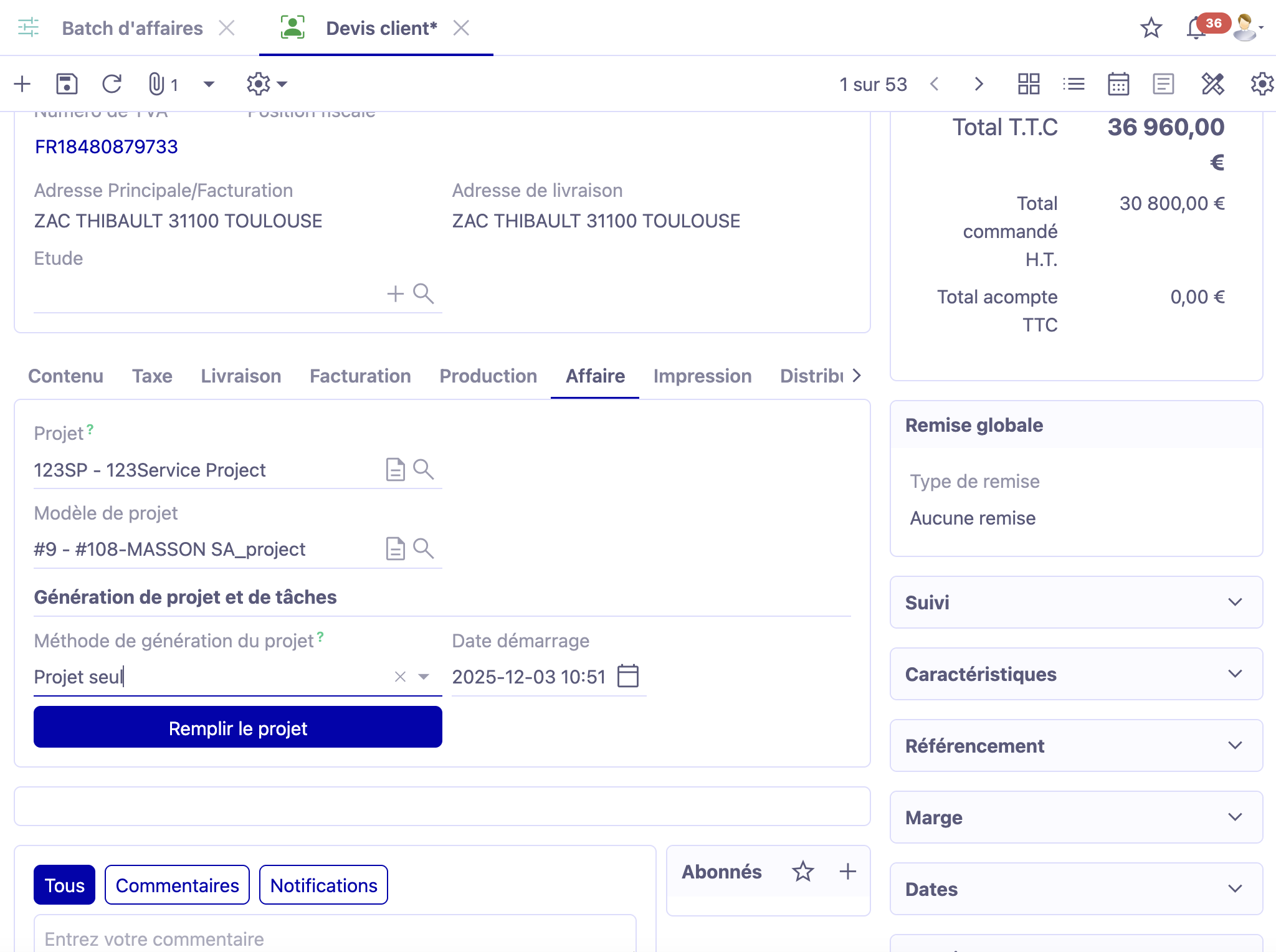 1.1. Sur l'image : l'onglet Affaire sur un devis client.